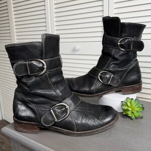 Paul Green Emerson Moto Boots Black Leather Distressed Boots Women Sz 5.5